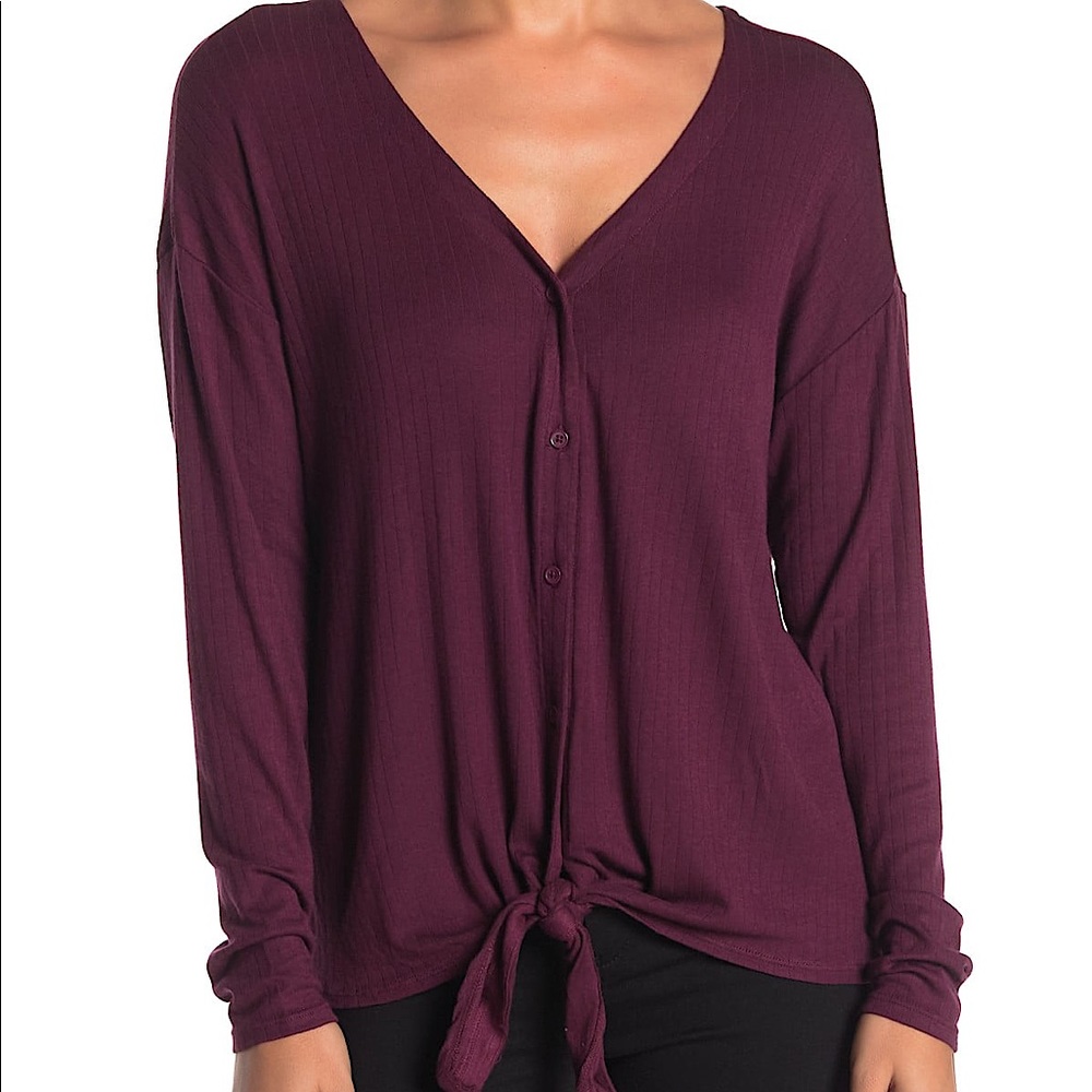14th & Union Long Sleeve Ribbed Tie Front Top NEW